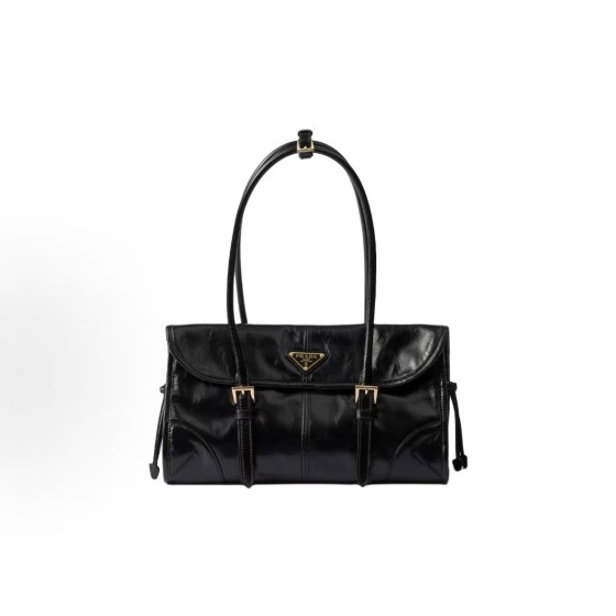 PRADA brand Logo magnetic clasp flip-top shoulder bag, medium size for women, black